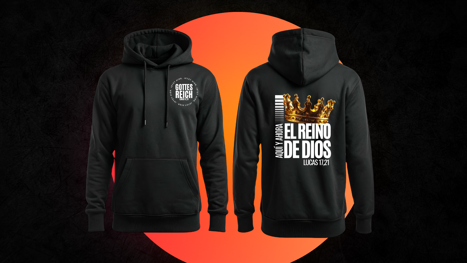 Schwarzer Event Hoodie mit deutschem Motiv vorne und spanischem Motiv hinten.